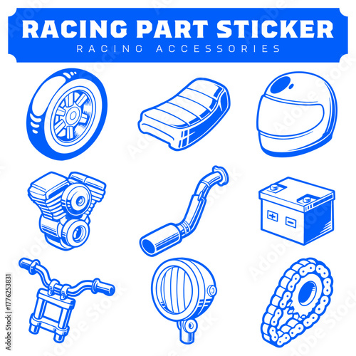 Set of Sticker Motorcycle Racing Parts and Accessories Vector Illustration Design