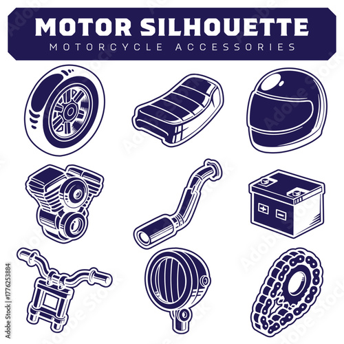 Set of Silhouette Motorcycle Racing Parts and Accessories Vector Illustration Design