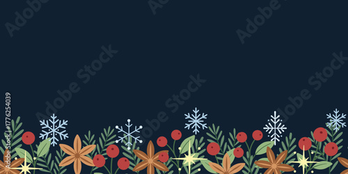 Christmas winter border with hand-drawn botanicals, snowflakes, and berries. Vector holiday background with copy space. Perfect for cards, banners, and invitations.