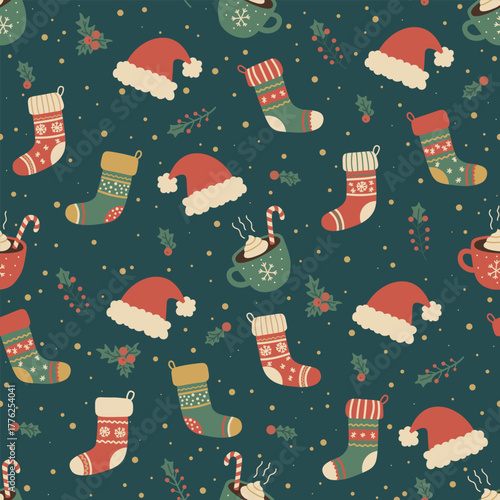 Vintage Christmas seamless pattern with Santa hats, stockings, and hot cocoa. Festive vector background for holiday gift wrap, fabric, and seasonal decor.