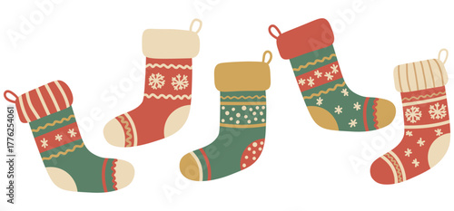 Set of cute Christmas stockings with festive patterns. Vector flat illustration for holiday greeting cards and winter decorations. Isolated Scandi-style clip art collection.