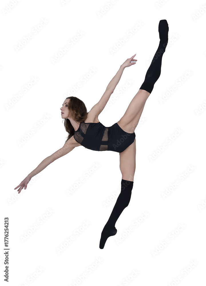 Obraz premium Ballerina Total Black, a ballerina in a black bodysuit and knee socks doing vertical splits in a photo studio