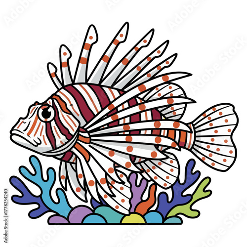 lionfish and coral isolated on white background