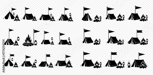 Black silhouette icons of camping tents, flags, and campfires, depicting various outdoor adventure scenes.