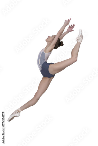 ballerina with beautiful feet poses in a photo studio, a ballerina in a leopard shows a vertical split in a jump