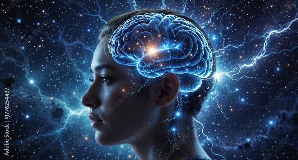 Fototapeta premium a woman's profile with a glowing brain overlay representing thought, intelligence, and the cosmos.
