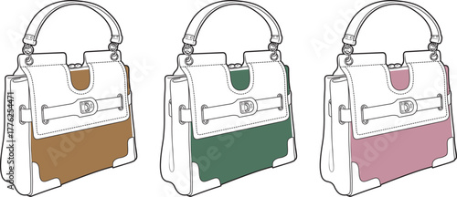 Three stylish handbags in brown, green, and pink, showcasing elegant designs and practical features for fashion-conscious individuals