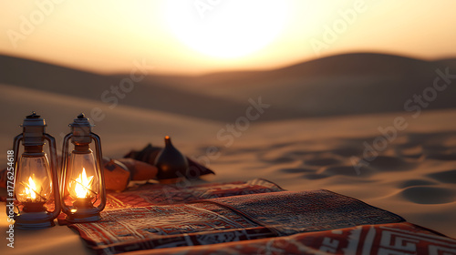 Fototapeta Naklejka Na Ścianę i Meble -  Desert tranquility: Two lanterns illuminate a patterned rug amid rolling dunes at sunset. A simple vase rests nearby, creating a serene scene of rest and contemplation under the warm sky.