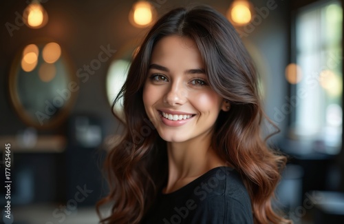 Wallpaper Mural Young woman with perfect white smile in beauty salon. Happy female client with long wavy hairstyle after haircut. Girl enjoys pro hair care in hairdresser studio. Satisfied with styling, looks at Torontodigital.ca