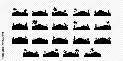 Collection of black desert landscape silhouettes featuring sand dunes, palm trees, and various cacti on a transparent background.