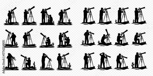 Silhouettes of people observing the night sky with telescopes, showing various poses and interactions with the astronomical instruments.