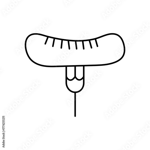 Isolated icon of a sausage on a fork. Vector black and white illustration. Side view, doodle style. Can be used in mobile apps, websites, and advertising.