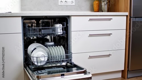 Open dishwasher in a white kitchen