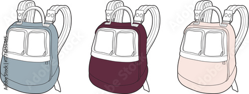 A colorful set of three illustrated school rucksacks in blue, maroon, and pink, perfect for back-to-school concepts and design