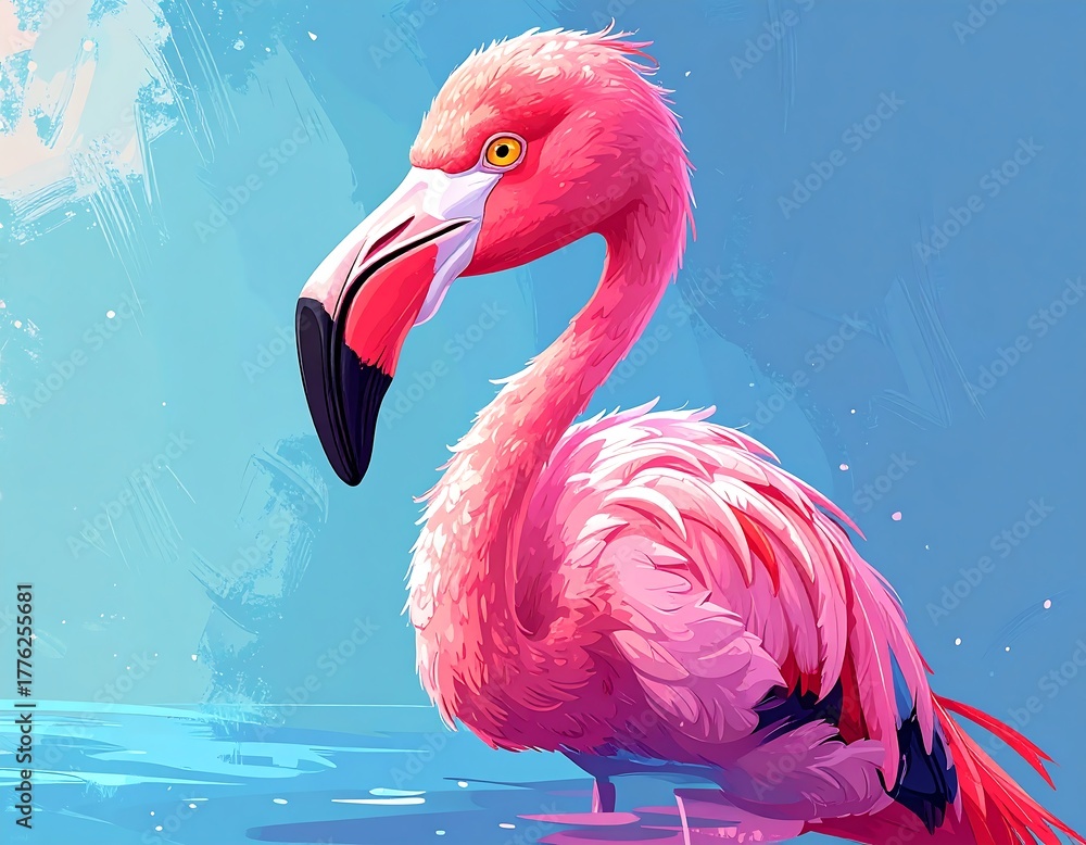 Fototapeta premium Vibrant pink flamingo, stylized, posed against a blue, painterly background