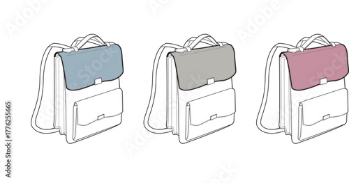 Stylish outline illustration featuring three satchel backpacks, each with a distinct color flap in light blue, grey, and pink, highlighting versatility in design and educational fashion