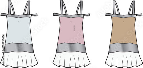 Set of women's cold shoulder camisole top fashion flats with ruffle hem. Technical drawing template for apparel design in three color options