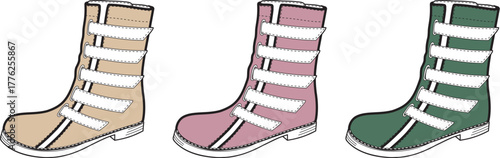 Three fashion boots illustration in beige, pink, and green. Detailed with multiple straps and robust soles, perfect for cold weather style versatility