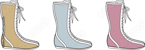 A colorful collection of three tall lace-up sneaker boots in pink, blue, and tan, illustrating a variety of stylish footwear choices