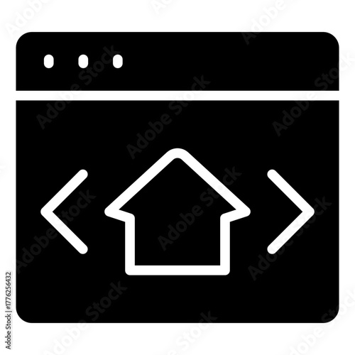 Web Development Glyph Black Silhoutte Icon Design Vector - browser window with code and home symbol representing web development or front-end programming