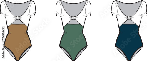 Swimsuit Variations A Trio of Stylish One-Piece Swimsuits in Brown, Green, and Blue, with Bolero Cover-Ups