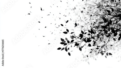 Black and white artwork of tree branches and falling leaves on a white backdrop.