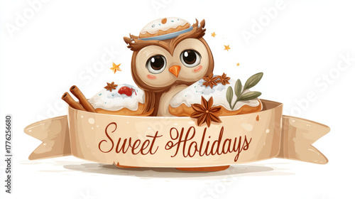 A charming, kawaii owl celebrates sweet holidays with delicious festive treats in a cozy setting.