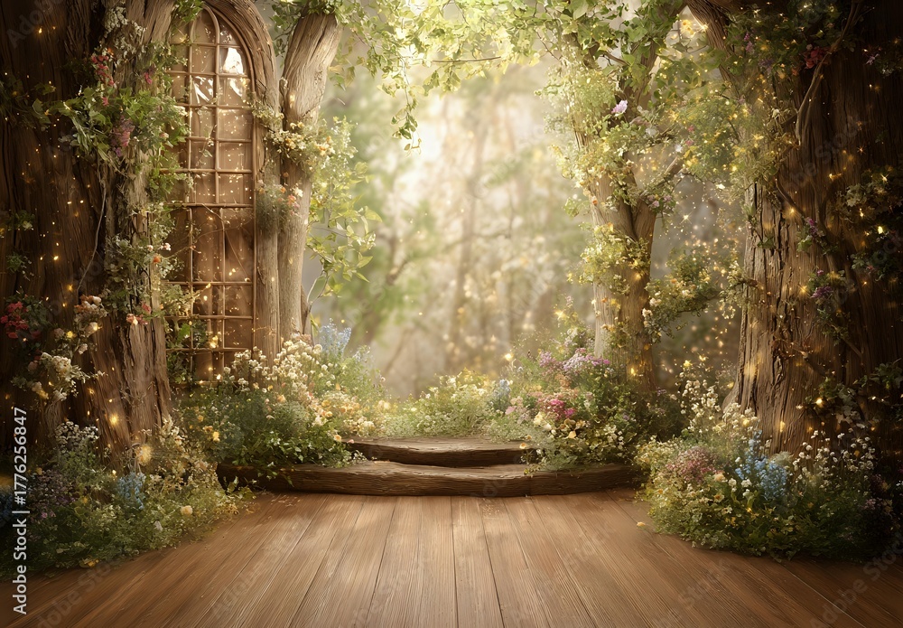 Naklejka premium Enchanted garden archway with wooden floor, overgrown with lush greenery and wildflowers, creating magical atmosphere for fantasy photography backdrop.