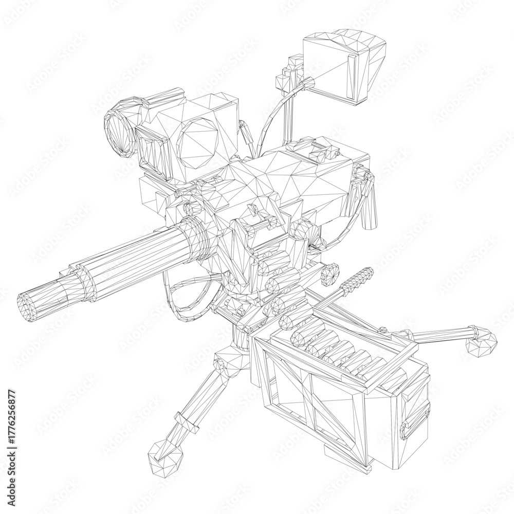 Fototapeta premium Modern heavy machine gun 3D wireframe model with intricate details and realistic design on a white background. This model is ideal for targeting and military concept visuals.