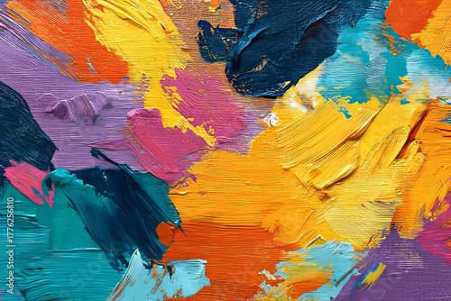 Thick, textured impasto paint strokes reveal a vibrant array of colors across a canvas surface.