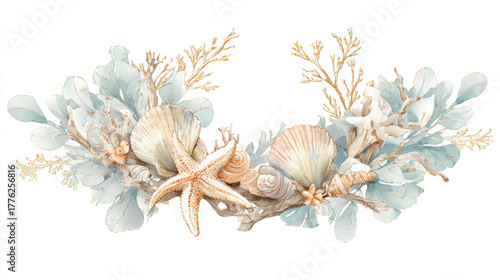 Beautiful coastal wreath with seashells, starfish, and sea foliage in soft, elegant watercolor.