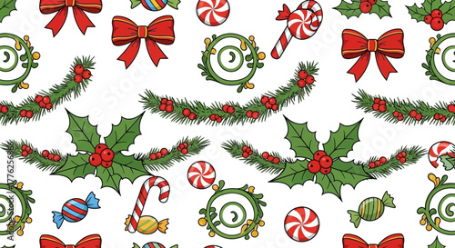 Joyful Christmas seamless pattern design featuring candy canes, holly berries, and festive red bows for holiday cheer, originally a scalable vector graphic