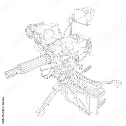 Modern heavy machine gun 3D wireframe model with intricate details and realistic design on a white background. This model is ideal for targeting and military concept visuals.