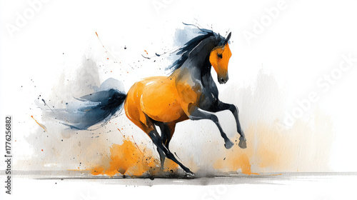 Dynamic watercolor painting of a horse in full gallop, capturing speed and elegance.