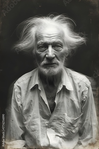 Disturbing portrait of a mature man with white hair against a dark background