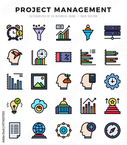 Set of 25 Project Management Lineal Color Icons Pack.