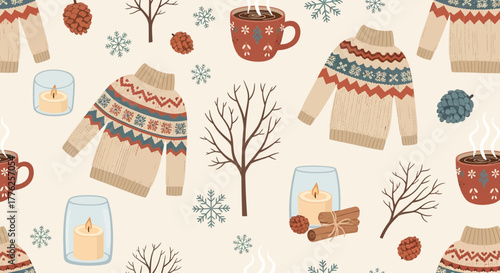 Cozy winter seamless pattern with sweaters, hot cocoa, and candles, perfect for holiday projects and festive designs, originally from scalable vector graphics