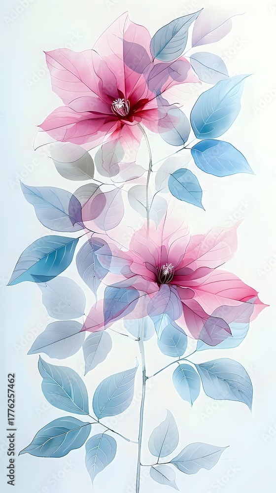 Fototapeta premium Delicate pink flowers with blue leaves in watercolor style on white background, soft transparent petals create dreamy botanical art suitable for wall decor.