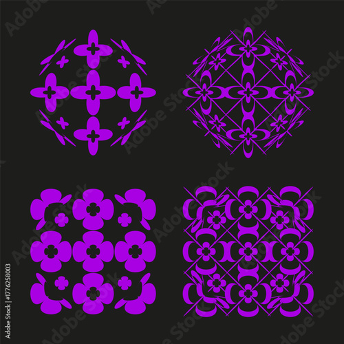 Geometric purple patterns. Repeating square motif. Abstract tile Vector. Dark background shape.