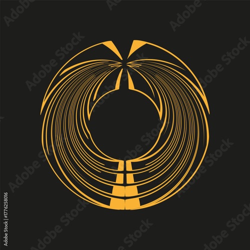 Golden radial burst. Abstract swirl effect. Dark black background. Vector sun element.