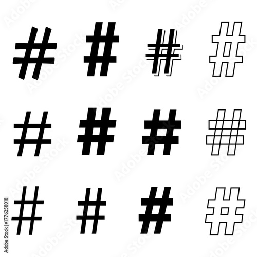 Black hashtag symbols. Outline shape doodle. Simple modern typography. Vector isolated icon set.