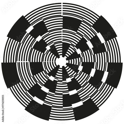 Circular block pattern. Radial segmented design. Geometric Vector structure. Optical illusion element.