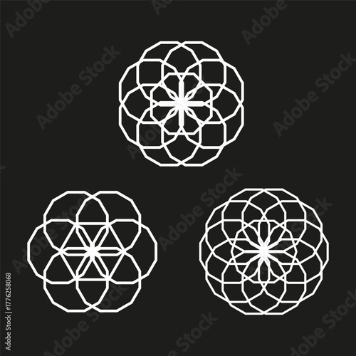 Set sacred geometry. White linear patterns. Abstract complex shapes. Vector flower symbols.