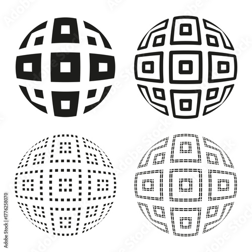 Geometric sphere shapes. Abstract globe symbols. Outline pattern Vector. Black white collection.