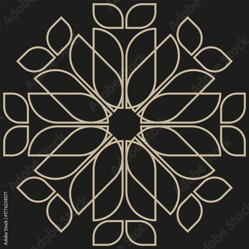 Geometric flower mandala. Spiritual decoration element. Beige outline Vector. Dark background pattern.