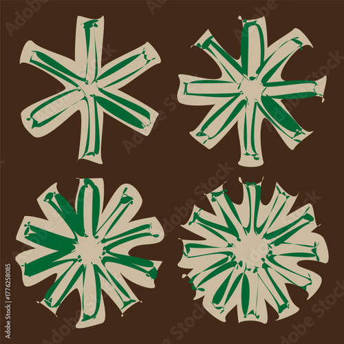 Grunge star shapes. Rough texture element. Abstract green Vector. Brown background design.