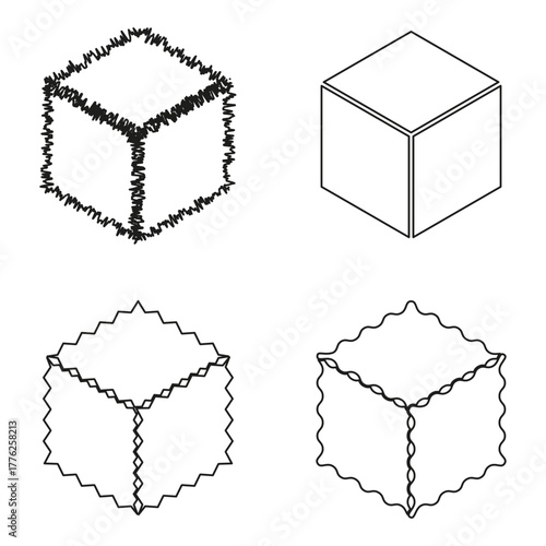 Outline cube shapes. Zigzag line drawing. Wireframe isometric projection. Vector graphic elements.