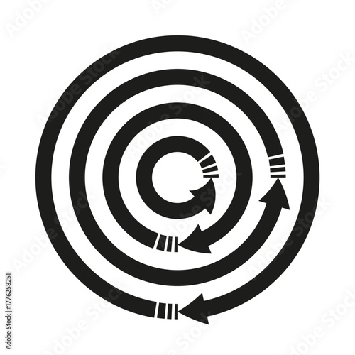 Spiral arrow symbol. Step rotation concept. Black white Vector. Progress movement sign.