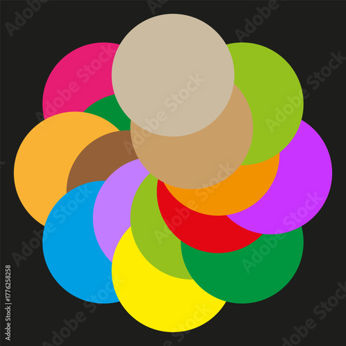 Colorful circle layers. Overlapping abstract shapes. Bright vibrant background. Vector geometry element.