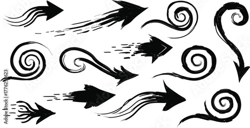 Diverse Collection of Hand Drawn Arrows and Swirls in Black Ink Showcasing Direction Movement and Creative Design Elements for Various Projects